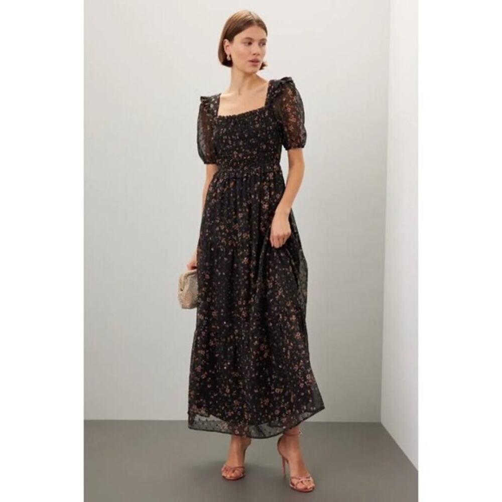 Slate & Willow Black Moody Floral Print Puff Sleeve Smocked Chiffon Maxi Dress M